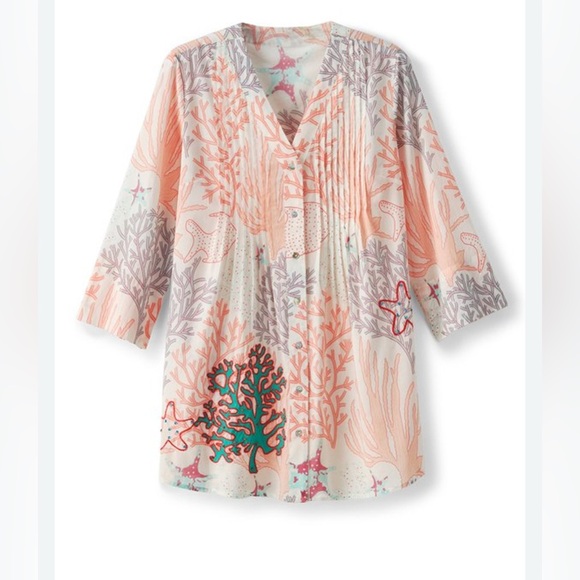 Soft Surroundings Malha Reef Tunic Cotton Embroider Sequin Button Shirt Blouse L - Picture 3 of 9
